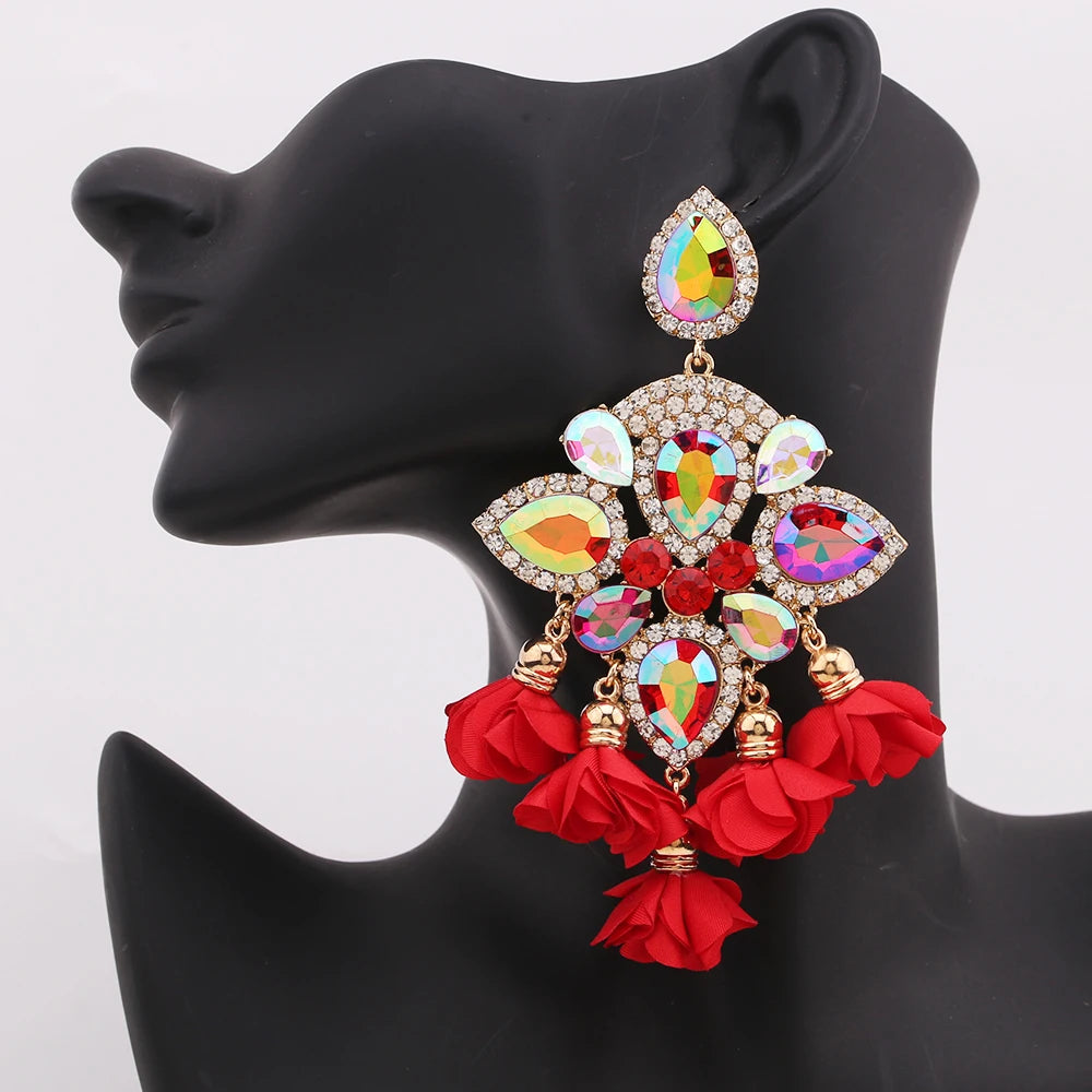 Boho Flower Tassel Earrings – Crystal Rhinestone Statement Jewelry for Women