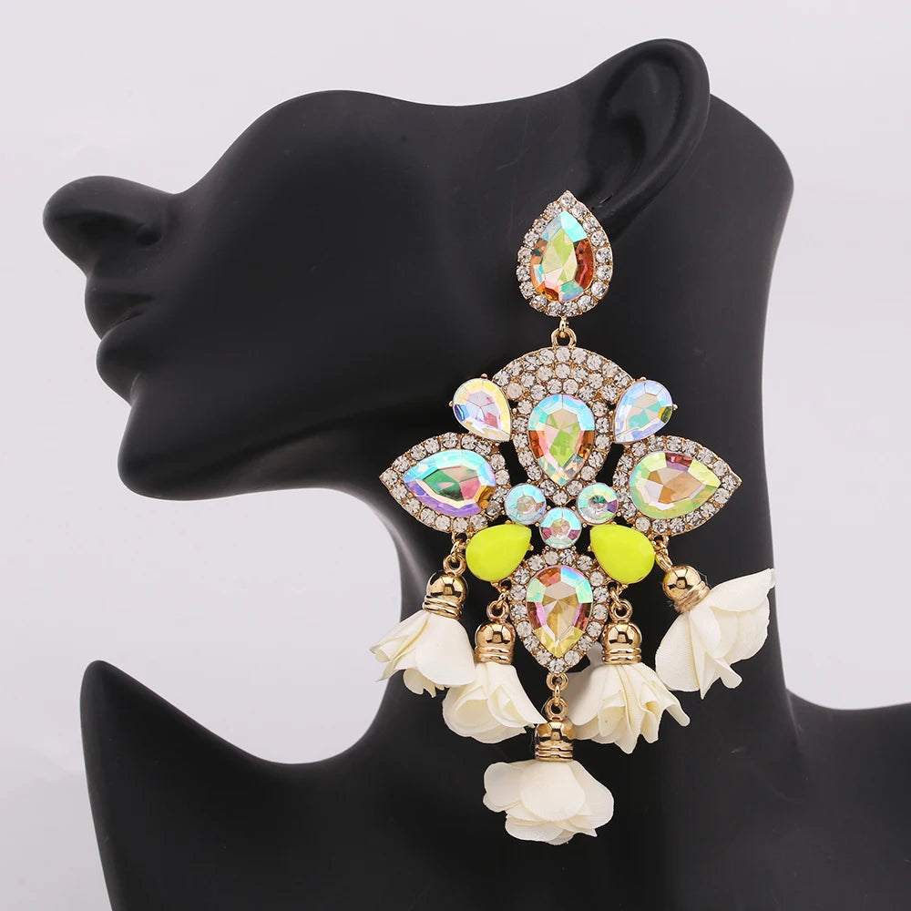 Boho Flower Tassel Earrings – Crystal Rhinestone Statement Jewelry for Women