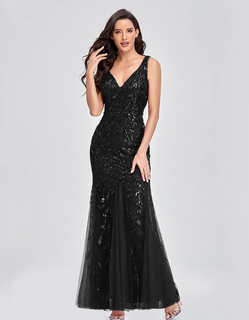 Load image into Gallery viewer, Glamorous Sleeveless V-Neck Tulle Sequin Mermaid Cocktail Dress for Unforgettable Nights
