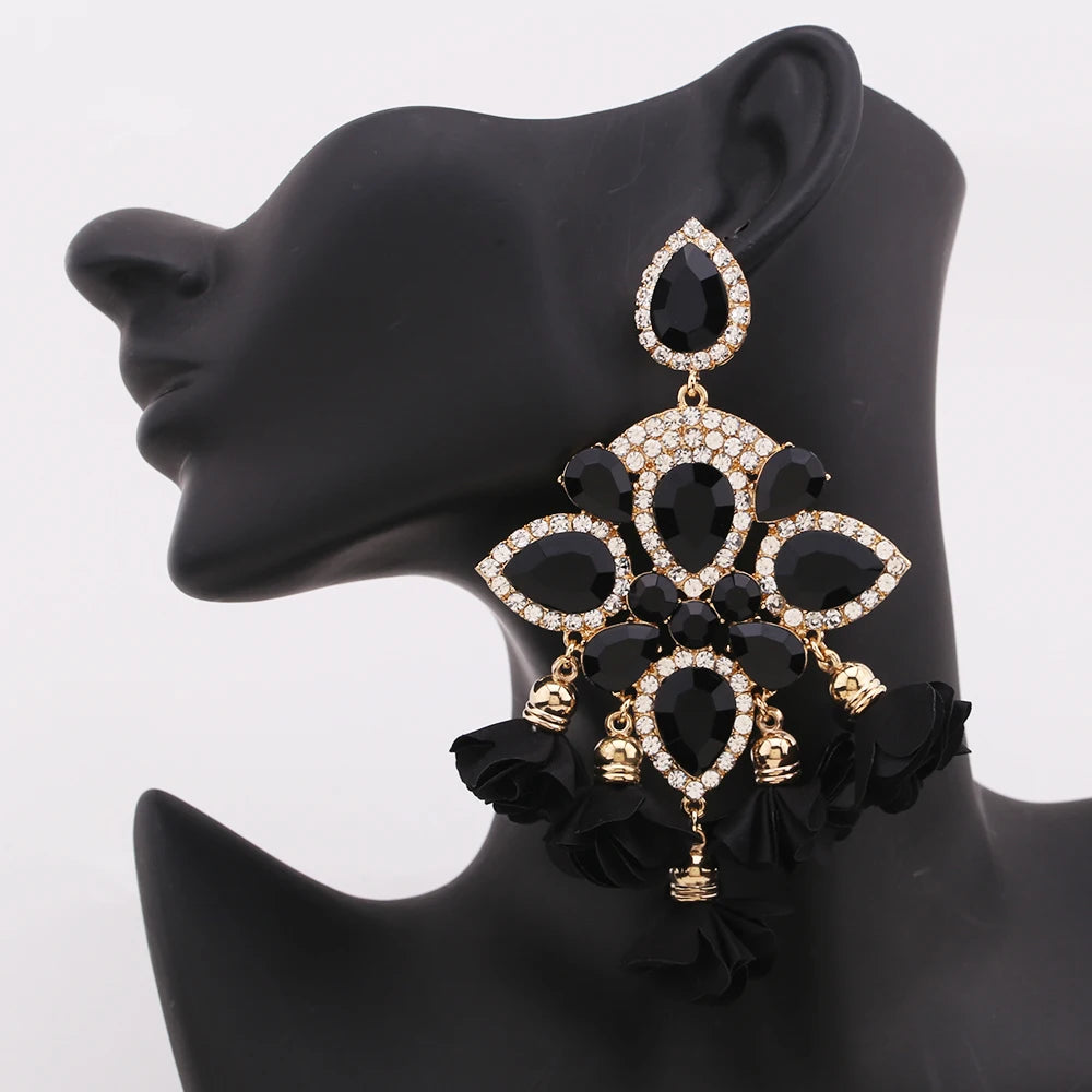 Boho Flower Tassel Earrings – Crystal Rhinestone Statement Jewelry for Women