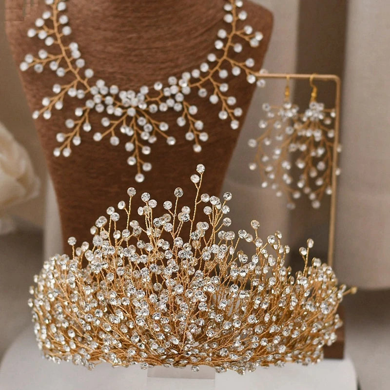 Luxury Wedding Jewelry Set – Bridal Headwear Crown, Necklace, and Earrings with AB Color Crystal Rhinestone, Handmade Unique Bridal Jewelry Sets