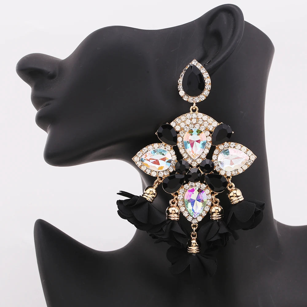 Boho Flower Tassel Earrings – Crystal Rhinestone Statement Jewelry for Women