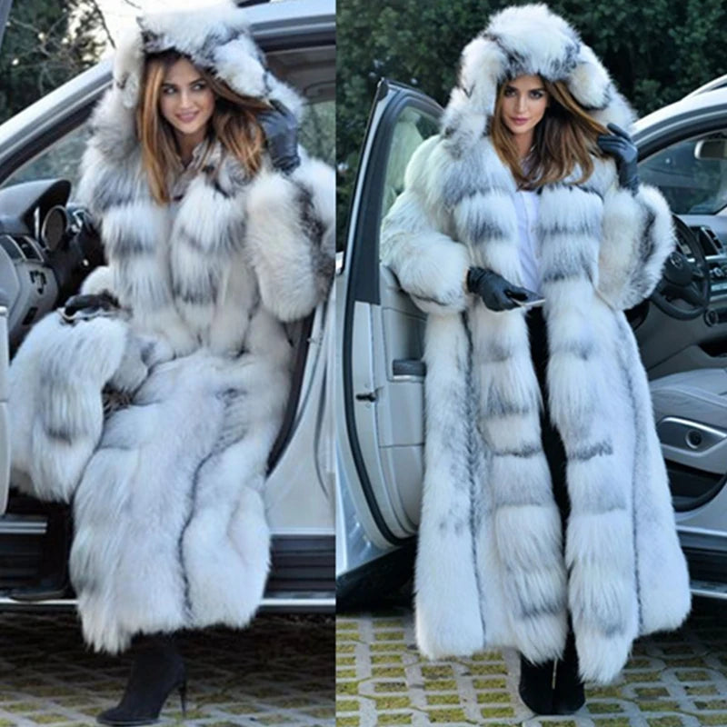 Elegant Women’s X-Long Faux Fur Coat – Hooded Loose Fit Winter Fashion Coat for Large Sizes