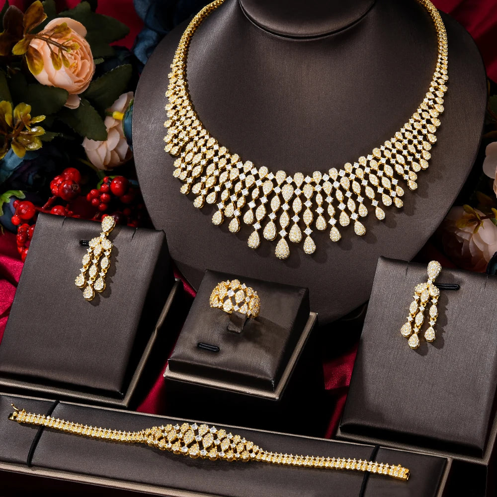 New Trendy 4PCS Full Micro CZ Luxury African Jewelry Set – Wedding Party Zircon Crystal Indian Necklace & Earrings for Women