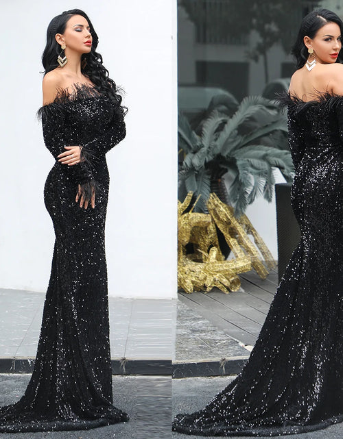 Load image into Gallery viewer, Glamour Redefined: Sequin Off-Shoulder Feather Detail Mermaid Evening Gown
