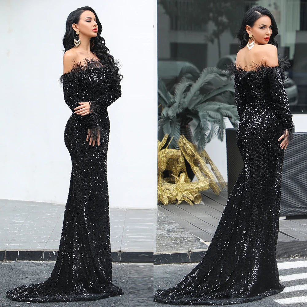 Glamour Redefined: Sequin Off-Shoulder Feather Detail Mermaid Evening Gown