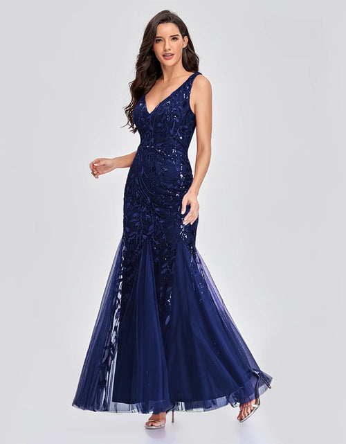 Load image into Gallery viewer, Glamorous Sleeveless V-Neck Tulle Sequin Mermaid Cocktail Dress for Unforgettable Nights
