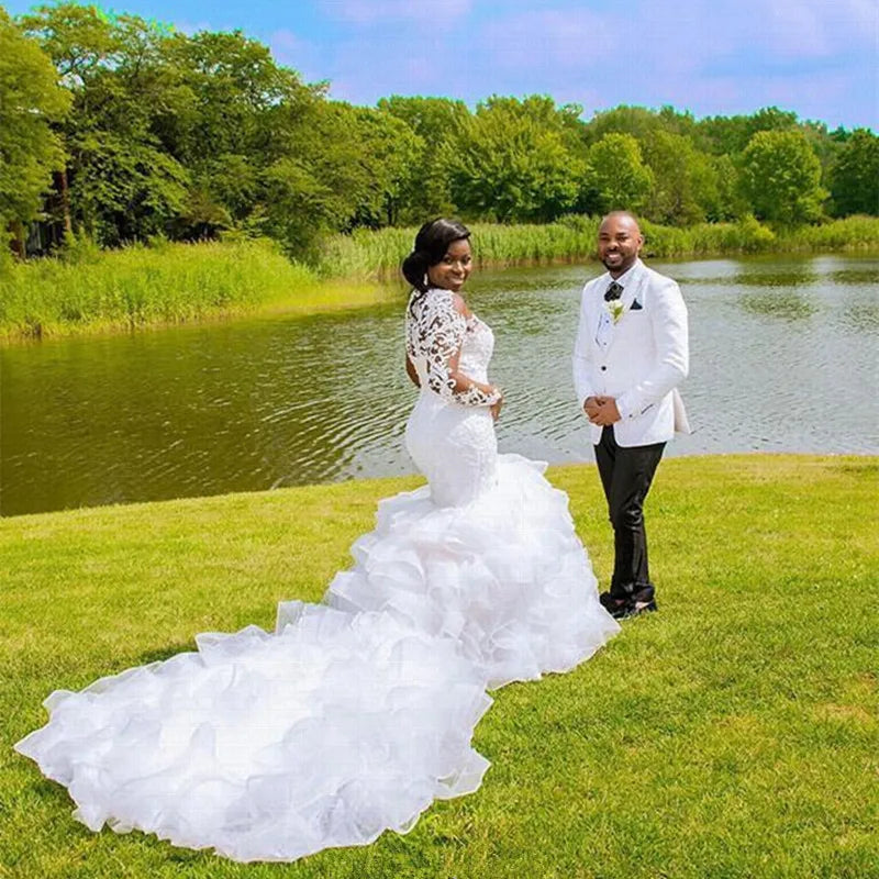 Elegant African Mermaid Wedding Dress – Cheerful Ruffles & Long Train Plus-Size Bridal Gown