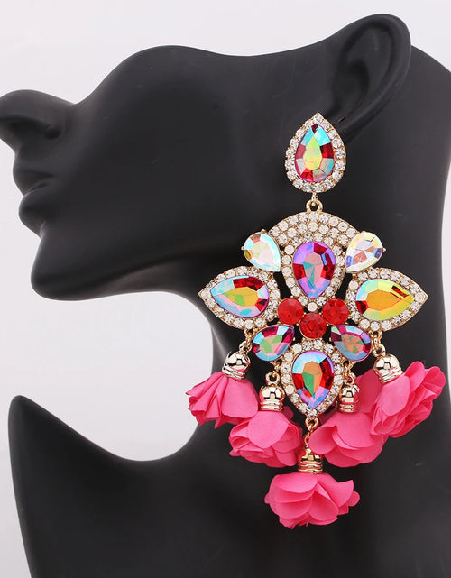 Load image into Gallery viewer, Boho Flower Tassel Earrings – Crystal Rhinestone Statement Jewelry for Women
