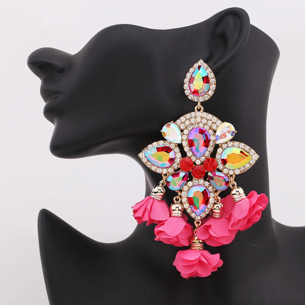 Boho Flower Tassel Earrings – Crystal Rhinestone Statement Jewelry for Women