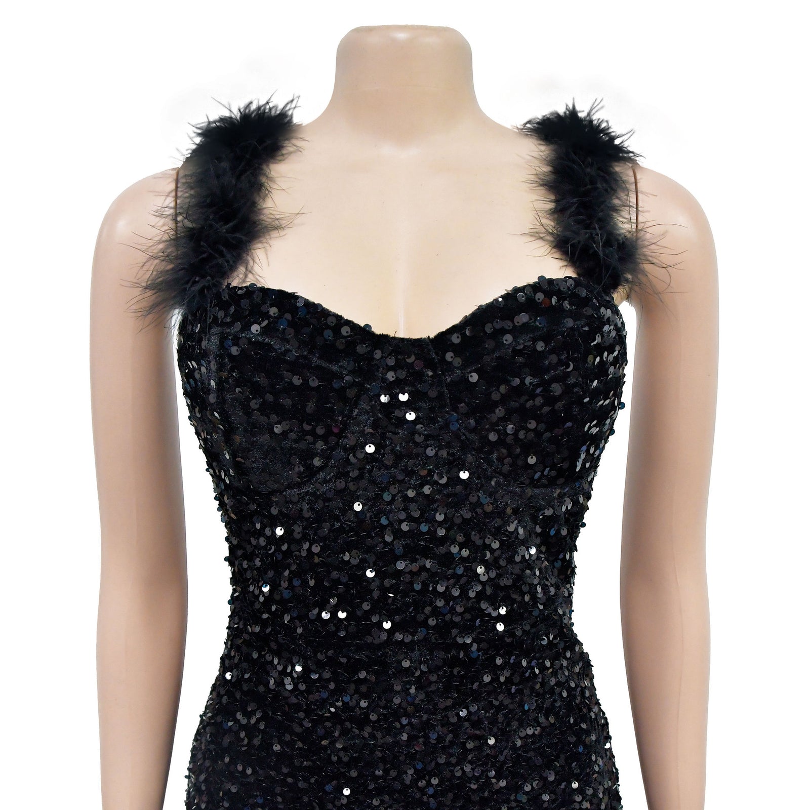 Women’s Feather Shoulder Sequined Bodycon Dress – Sexy Sleeveless Party Mini Dress