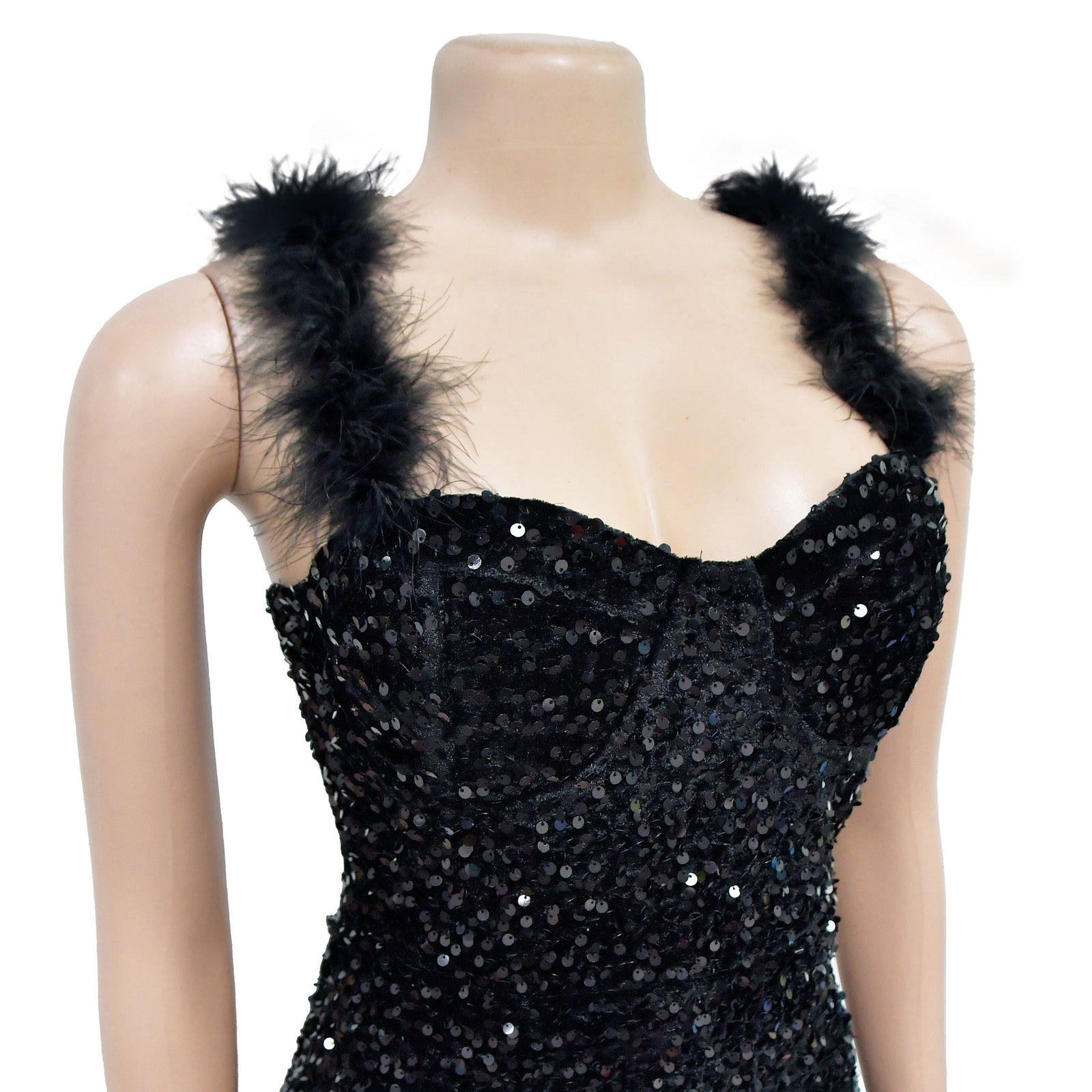 Women’s Feather Shoulder Sequined Bodycon Dress – Sexy Sleeveless Party Mini Dress