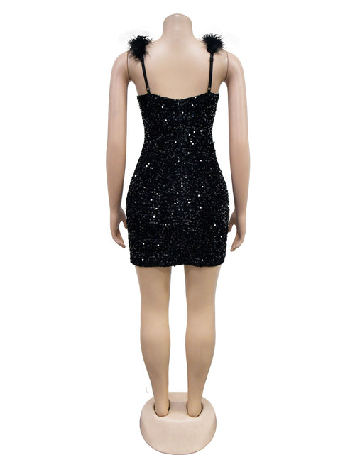 Load image into Gallery viewer, Women’s Feather Shoulder Sequined Bodycon Dress – Sexy Sleeveless Party Mini Dress
