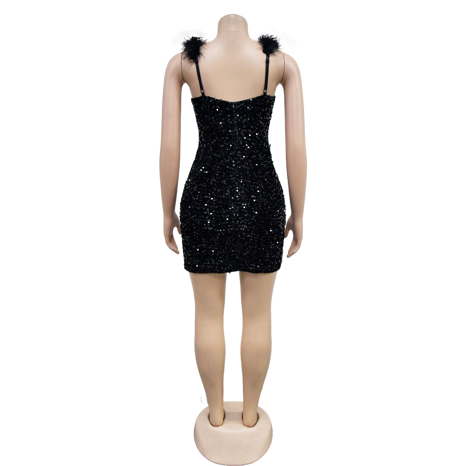 Women’s Feather Shoulder Sequined Bodycon Dress – Sexy Sleeveless Party Mini Dress