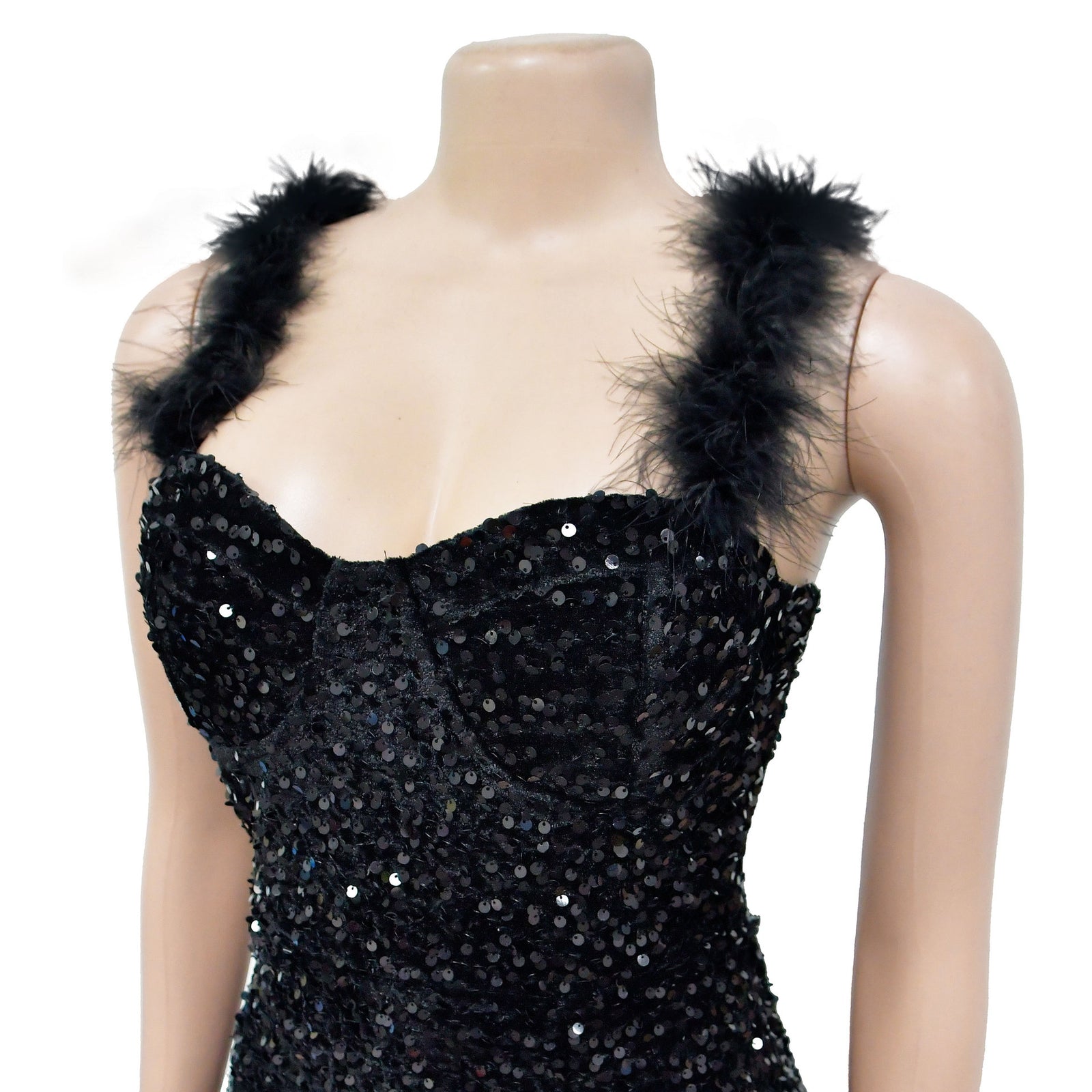 Women’s Feather Shoulder Sequined Bodycon Dress – Sexy Sleeveless Party Mini Dress