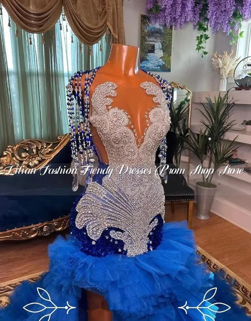 Load image into Gallery viewer, Luxury Blue Sparkly Mermaid Evening Gown with Diamond Crystal Ruffles
