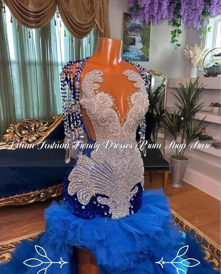 Luxury Blue Sparkly Mermaid Evening Gown with Diamond Crystal Ruffles