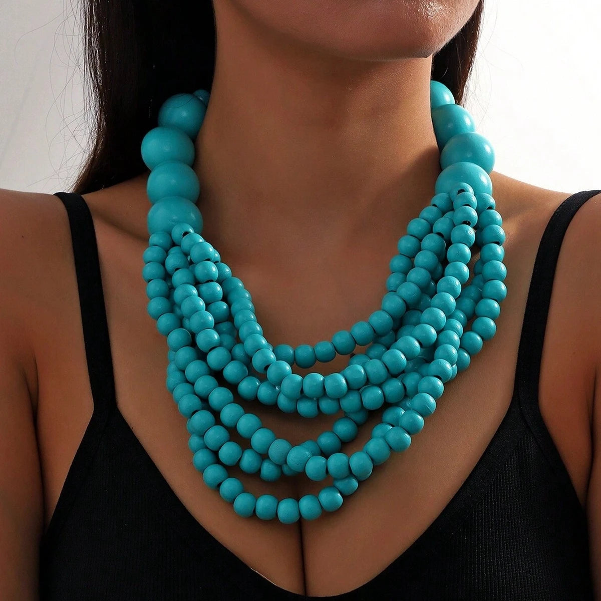 African Style Bohemian Multi-layer Wooden Bead Handmade Beaded Bib Necklace For Women