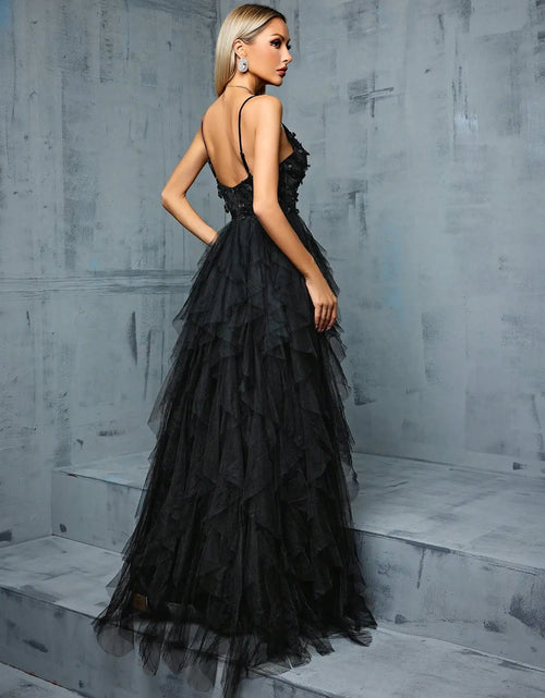 Load image into Gallery viewer, Enchanting V-Neck Embroidered Lotus Mesh Evening Gown with Slit – Perfect for Prom
