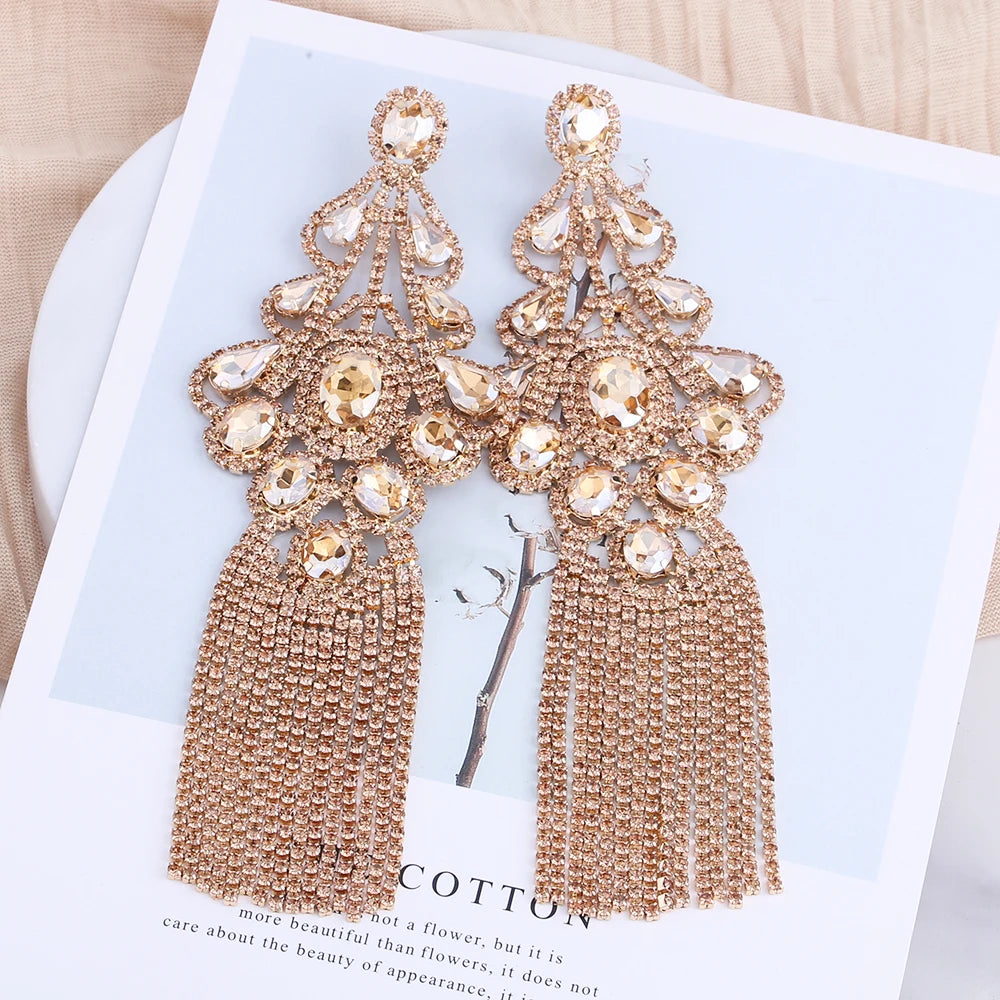 Statement Rhinestone Tassel Drop Earrings – Crystal Dangle Jewelry for Women