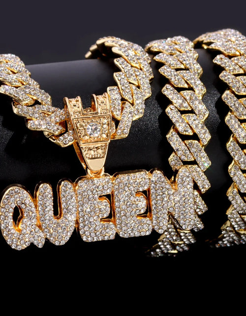 Load image into Gallery viewer, Iced Out Full Rhinestones KING QUEEN Letter Pendant Necklace 14mm Miami Rhombus Cuban Chain Hip Hop Necklaces Jewelry
