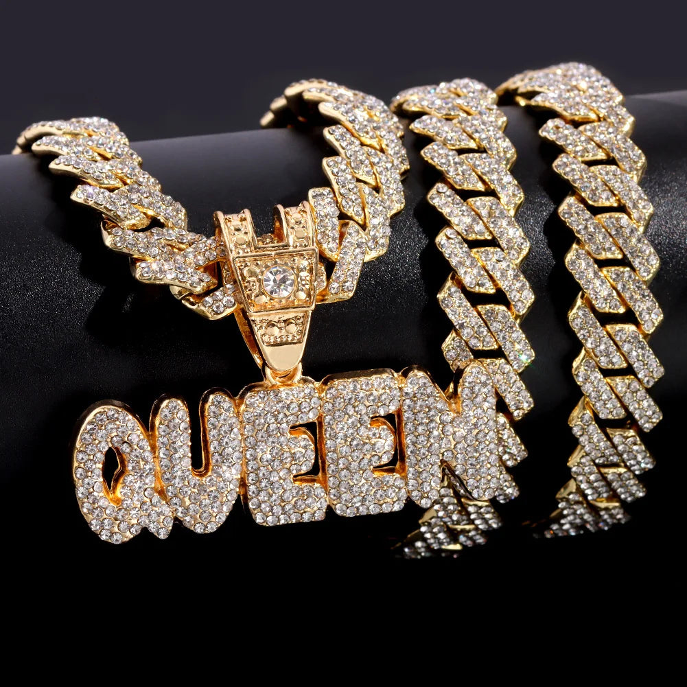 Iced Out Full Rhinestones KING QUEEN Letter Pendant Necklace 14mm Miami Rhombus Cuban Chain Hip Hop Necklaces Jewelry