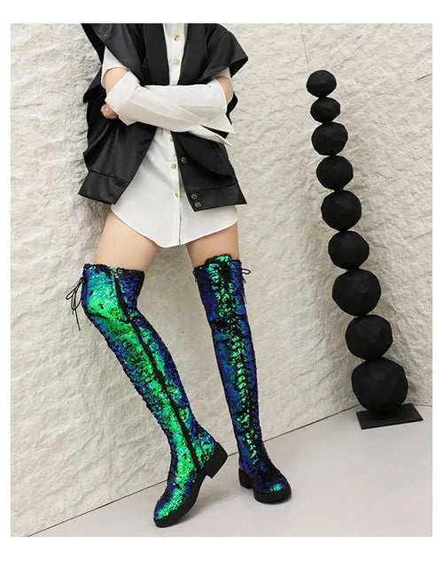 Load image into Gallery viewer, Dazzling Heights: Shiny Sequined Over-the-Knee Boots with Thick Heels
