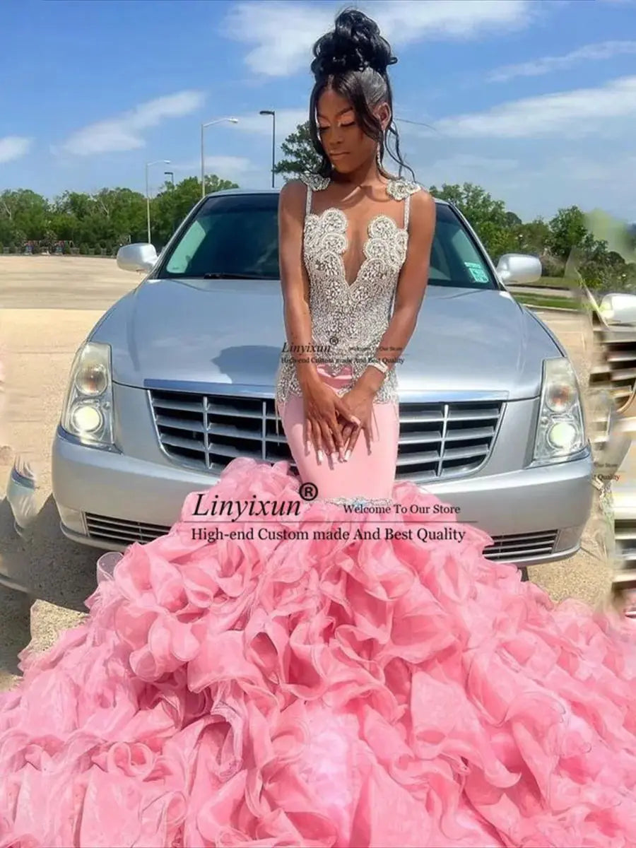 Pink Diamond Dream: Sweet Crystal Beaded Ruffle Prom Dress