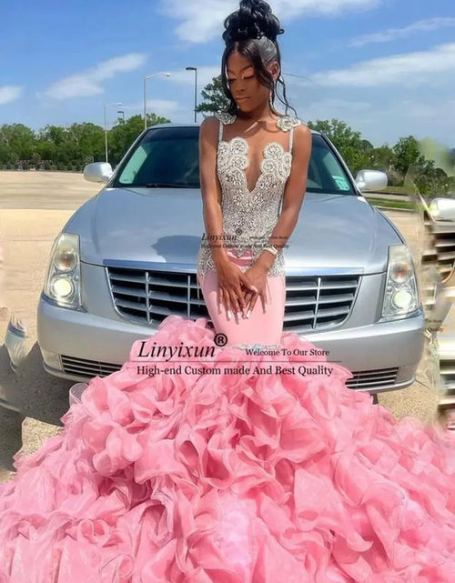 Load image into Gallery viewer, Pink Diamond Dream: Sweet Crystal Beaded Ruffle Prom Dress
