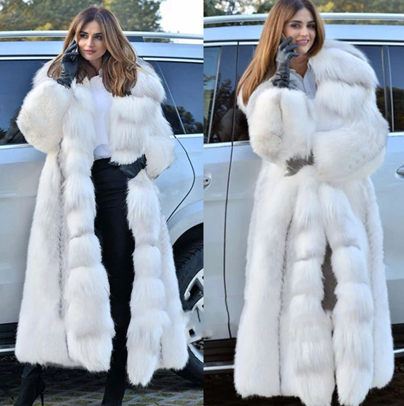 Elegant Women’s X-Long Faux Fur Coat – Hooded Loose Fit Winter Fashion Coat for Large Sizes