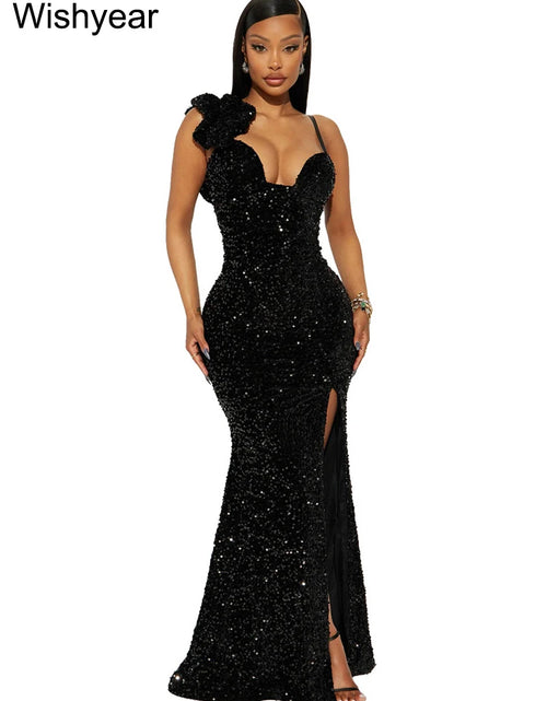 Load image into Gallery viewer, Sexy Sequin Strap Cocktail Prom Dress with Slit Leg – Luxury Padded Evening Gown for Parties &amp; Weddings
