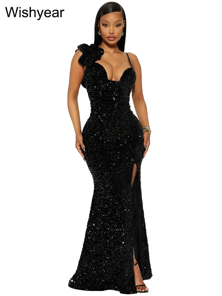 Sexy Sequin Strap Cocktail Prom Dress with Slit Leg – Luxury Padded Evening Gown for Parties & Weddings