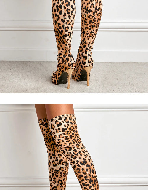 Load image into Gallery viewer, Chic &amp; Bold: Women&#39;s Leopard Print Long Boots with Slim Heels - Sexy, Stylish &amp; Plus-Size Friendly!
