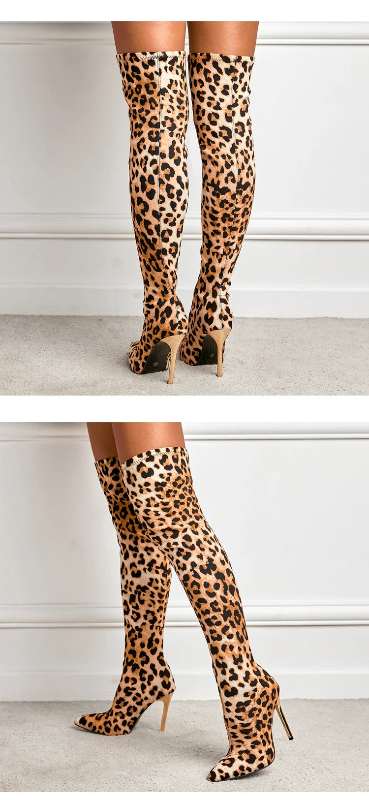 Chic & Bold: Women's Leopard Print Long Boots with Slim Heels - Sexy, Stylish & Plus-Size Friendly!