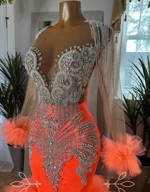 Load image into Gallery viewer, Fiery Elegance: Orange African Mermaid Prom Dress with Sparkling Crystals
