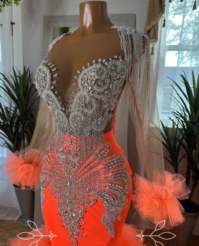 Fiery Elegance: Orange African Mermaid Prom Dress with Sparkling Crystals