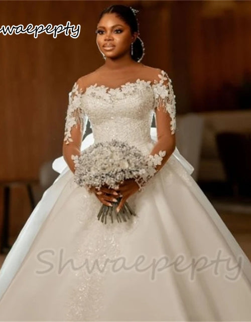 Load image into Gallery viewer, 2-in-1 Sequined Mermaid Wedding Dress – Detachable Skirt, Illusion Sleeves &amp; Bow Back African Bridal Gown
