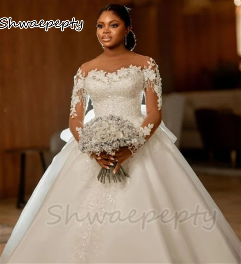 2-in-1 Sequined Mermaid Wedding Dress – Detachable Skirt, Illusion Sleeves & Bow Back African Bridal Gown