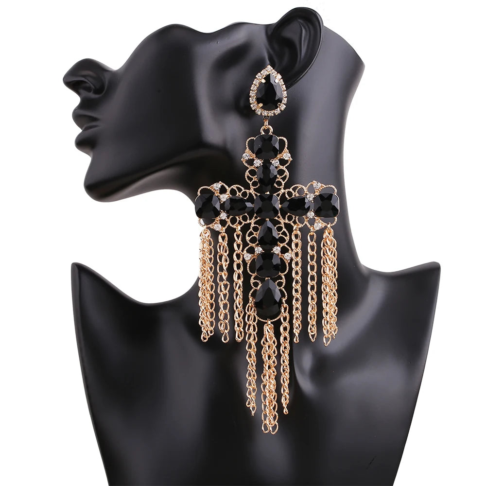 Statement Rhinestone Tassel Drop Earrings – Crystal Dangle Jewelry for Women