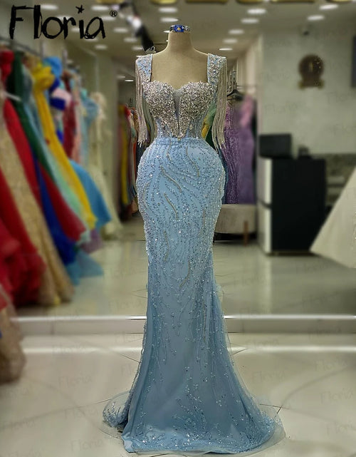 Load image into Gallery viewer, Floria Elegance: Light Blue Beaded Satin Prom Dress with Tassels &amp; Detachable Train
