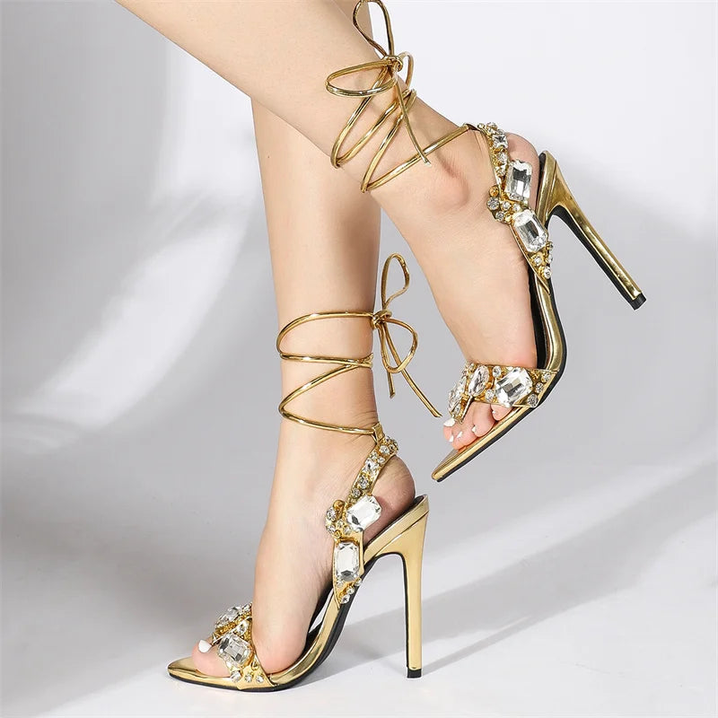 Luxury Gold Ankle Strap Sandals – Crystal Diamond Stripper Heels for Weddings & Nightclubs