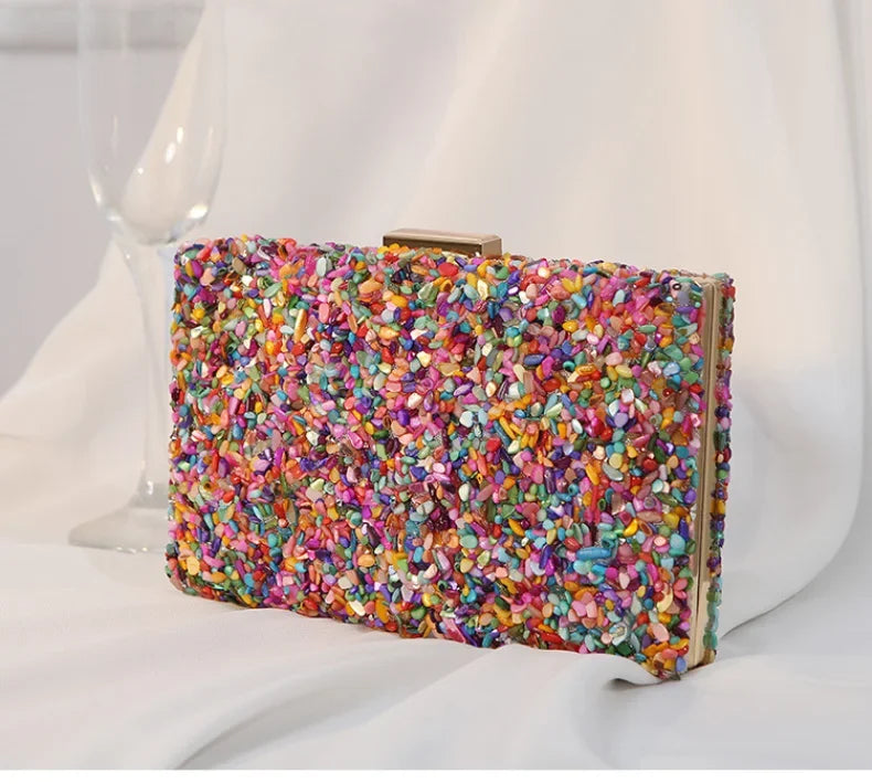 Luxury Colorful Stone Evening Bag – Designer Wedding & Party Crossbody with Chain Wallet