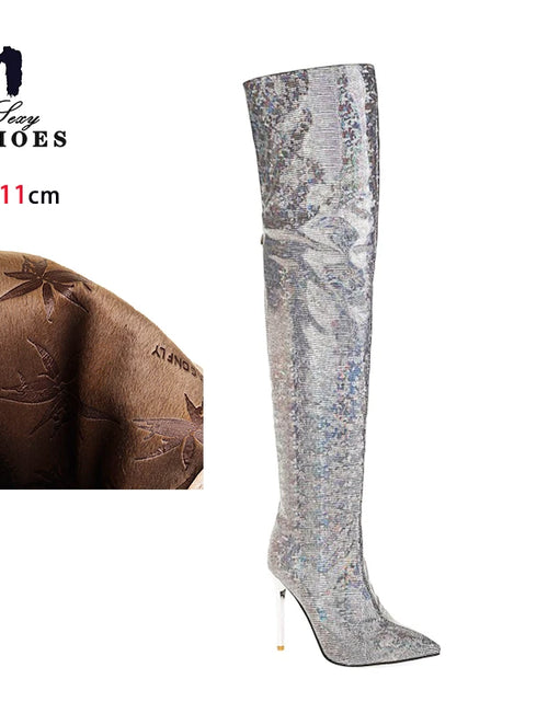 Load image into Gallery viewer, Fierce Elegance: Pointed Toe Stiletto Thigh-High Print Boots
