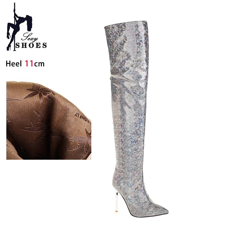 Fierce Elegance: Pointed Toe Stiletto Thigh-High Print Boots