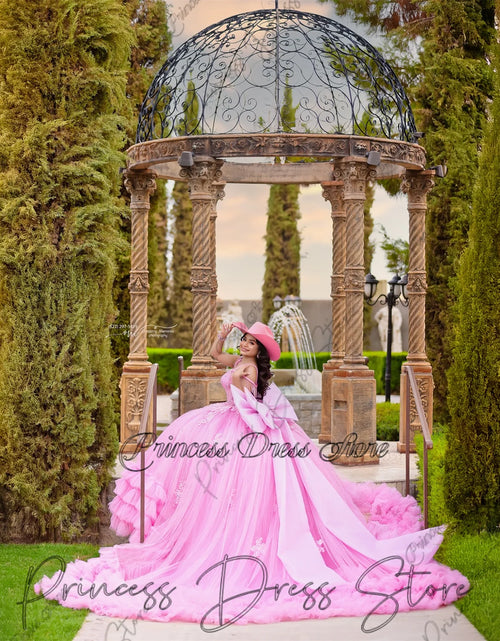 Load image into Gallery viewer, Mexican Elegance: Lace Applique Quinceañera Ball Gown with Beaded Sleeves and Corset
