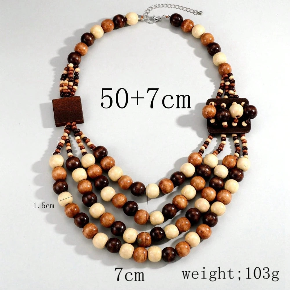 African Ethnic Jewelry Handmade Wooden Bead Beaded Statement Necklace For Women Party Accessories