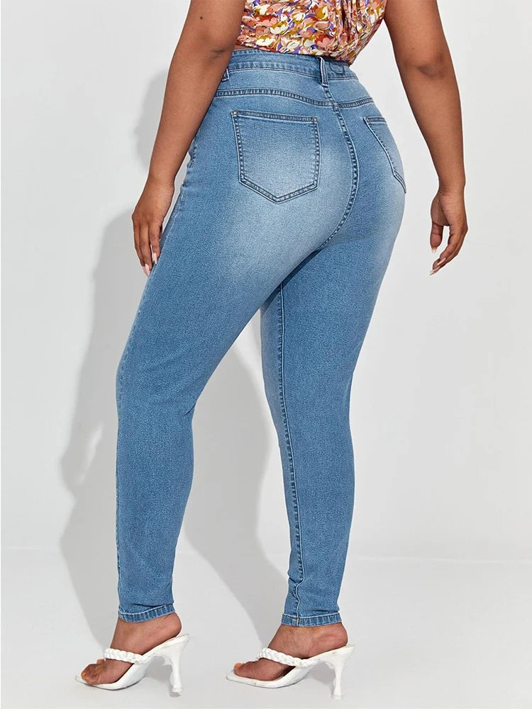 Plus-Size High-Waist Stretch Mom Jeans – Skinny Washed Denim for Women with 100kg+ Fit