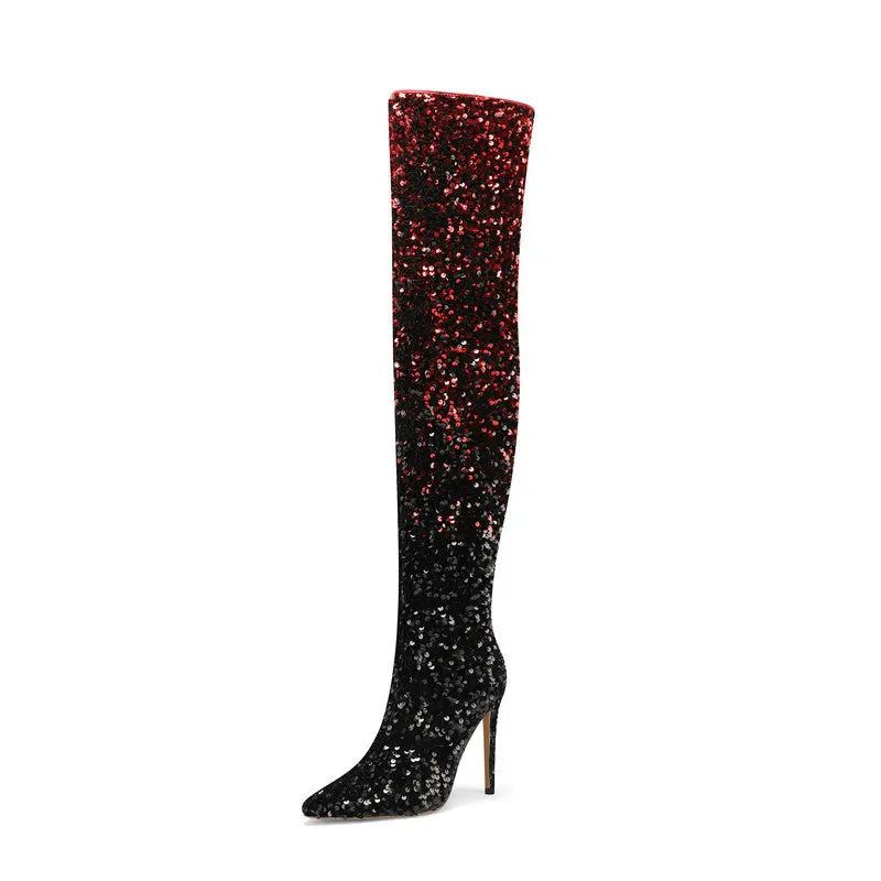 Shimmer & Stride: Gradient Sequin Over-the-Knee Boots with 11CM Heels