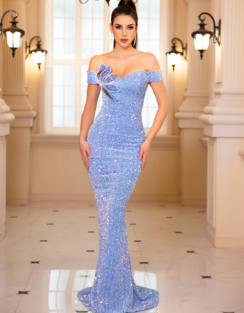 Load image into Gallery viewer, Sequined Velvet Off-Shoulder Maxi Dress – Glamorous Floor-Length Evening Gown
