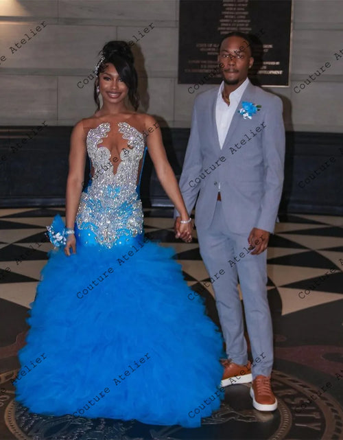 Load image into Gallery viewer, Regal Elegance: Blue Tulle Ruched Prom Dress with Crystal Beaded Train
